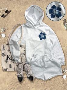 Conjunto de Sudadera con Capucha y Pantalones Cortos   con Estampado de Eslóganes para Vacaciones en la Playa, Conjunto de Sudadera con Capucha y Pantalones Cortos para Mujer, Sudadera con Capucha y Pantalones Cortos con Diseño de Tiburón Ballena, Conjunto de Sudadera con Capucha y Pantalones Cortos Gris, Ropa de Regreso a la Escuela, Ropa de Otoño e Invierno, Otoño e Invierno - Gris 2 - Ver 12