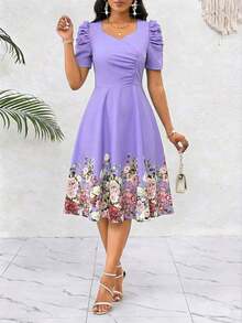 YHHSHEIN Lady Vestido de cambio con cuello de corazón con volantes y estampado floral azul eleganteYHH - Púrpura malva - Ver 3
