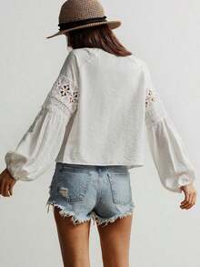 Blusa de encaje azul de manga larga para mujer, adecuada para uso casual, vacaciones, estilo bohemio, festivales de música y otras ocasiones - Blanco - Ver 10