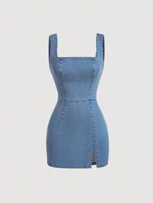 MOD Vestido de mezclilla de Body con cuello cuadrado y abertura, para moda de verano de mujeres - Lavado ligero - Ver 5