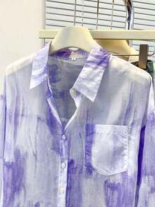 Camisa de protección solar con efecto tie-dye dulce para mujer, de cuello de solapa y manga larga, informal para exteriores/vacaciones, holgada, transpirable y ligera, estilo camisa, color rosa, para primavera/verano - Morado - Ver 6