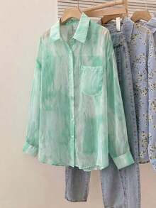 Camisa de protección solar con efecto tie-dye dulce para mujer, de cuello de solapa y manga larga, informal para exteriores/vacaciones, holgada, transpirable y ligera, estilo camisa, color rosa, para primavera/verano - verde menta - Ver 2