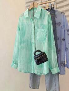 Camisa de protección solar con efecto tie-dye dulce para mujer, de cuello de solapa y manga larga, informal para exteriores/vacaciones, holgada, transpirable y ligera, estilo camisa, color rosa, para primavera/verano - verde menta - Ver 4