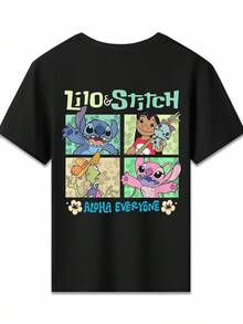 Disney Lilo And Stitch Characters Double-Sided Printed Pattern T-Shirts For Girls - Children's Clothing Design Short-Sleeved Casual And Cute Style Comfortable And Casual Wear All Year Round Suitable For Parties And Play Machine Washable Gift Children's Clothing Girls' Short-Sleeved Shirts(1) - 黑色 - 查看 3