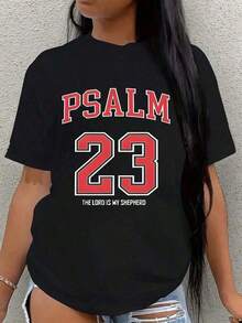 Women's Black Casual T-Shirt With A Print Of The Lyrics Of Psalm 23 "The Lord Is My Shepherd", With Regular Short Sleeves And A Round Neck, Made Of Comfortable Fabric With A Slight Stretch - 黑色 - 查看 5
