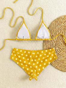 Nuevo conjunto de bikini con estampado de lunares sexy, espalda descubierta y lazo, con tirantes de espagueti para playa y piscina en vacaciones - Multicolor - Ver 7