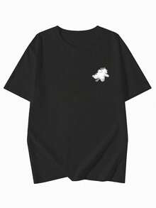 Women's Loose Round Neck Short Sleeve Japanese Cartoon Cat Print T-Shirt, Spring/Summer Casual Black - Black - View 6