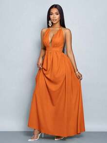 xheSOLERSUN Vestido largo de mujer de unicolor con escote halter en V, para vacaciones y playa, con espalda cruzada y anudada, para vacaciones y salidas a la playaxhe - Naranja - Ver 8