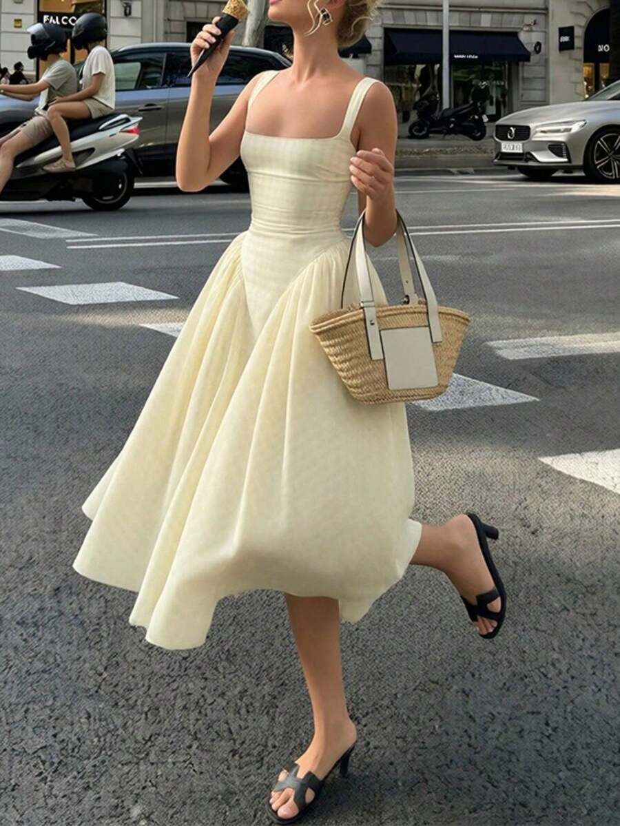 Vestido largo primavera 2026, tirantes estampado ajustado, estilo fresco y dulce - Amarillo - Ver 1