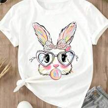Camisetas con estampado 100% algodón [Camiseta 100% algodón] Linda camiseta de conejito de Pascua, camiseta con estampado de conejo colorido con gafas de corazón y chicle, camiseta casual de manga corta con cuello redondo, conjunto de primavera-verano, top de talla grande, estilo Y2K retro vintage, ropa urbana de hombros caídos, unisex, para mujer y hombre, para uso diario en festivales, 100% algodón. - Blanco - Ver 4