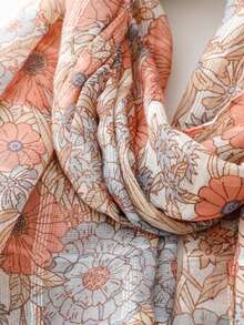 Floral Print Scarf For Women, Suitable As Gift For Girlfriend - Coral Orange - View 10