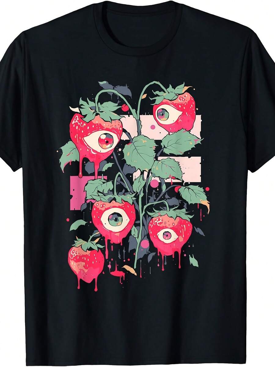 Camiseta para mujer con estampado de fresa, diseño retro en estilo pastel goth y grunge vintage. Ideal para uso diario y fiestas temáticas, lavable a máquina, con estética gótica dulce. Disponible en tallas S-2XL
