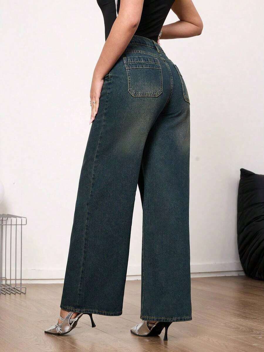 Jeans de pierna ancha de talle medio vintage para mujer - Uso casual elegante sin estiramiento - Azul marino - Ver 1