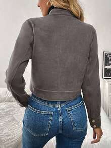 Chaqueta corta de carga de mujer con botones metálicos decorados, cálida y gruesa, adecuada para otoño/invierno - Gris - Ver 2