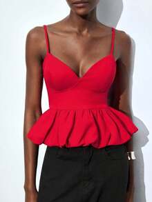 Maija Top de tirantes finos de unicolor con volantes en el bajo, para uso urbano, casual de oficina, elegante para fiestas de Navidad y Año Nuevo, ropa de mujer - Rojo 2 - Ver 7