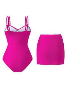 Swim Oasis 1 pieza Traje de baño de una sola pieza casual de vacaciones con decoración de pentágono lindo para mujer - Rosa Fucsia - Ver 2