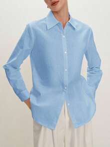 Camisa de manga larga con botones de estilo empresarial de hombro regular en color rosa, adecuada para el tránsito urbano, la oficina y el uso casual, primavera/verano - Azul - Ver 6