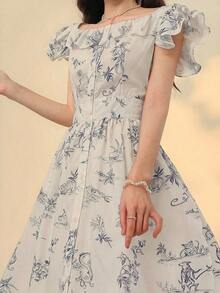 Vestido de tirantes, con volantes, estampado floral diminuto, con cuello de pico, estilo para ir al trabajo, vestido largo - Gris azul 2 - Ver 2