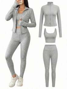 Conjunto deportivo de 3 piezas para mujer: Cárdigan de punto con cremallera + Camiseta + Pantalones en color negro - Multicolor - Ver 10