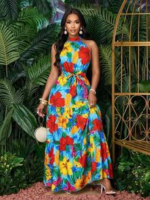 Vestido largo de mujer con estampado floral en todo el vestido, estilo halter con cinturón, fluido para vacaciones - Azul 2 - Ver 7