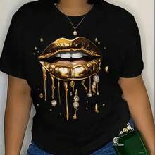 Elegantes camisetas de manga corta adornadas con diversos estampados de labios, incluyendo labios dorados, labios rojos informales y estampados de diamantes. Ropa sexy de verano para mujer, oferta especial, cuello redondo, diseño informal de manga corta, estilo Harajuku, perfecta para el verano. - Negro - Ver 2