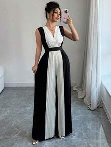Mono de pierna ancha con cintura ceñida y cuello en V fruncido para mujer, conjunto casual y elegante para viajes y la oficina - Multicolor 2 - Ver 4