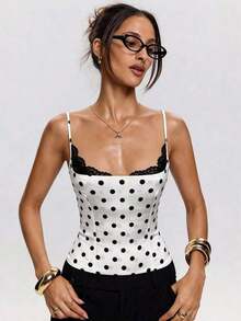 Camiseta de mujer con estampado de lunares y encaje en contraste - Blanco y Negro - Ver 3