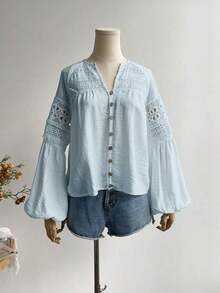 Blusa de encaje azul de manga larga para mujer, adecuada para uso casual, vacaciones, estilo bohemio, festivales de música y otras ocasiones - Celeste - Ver 11