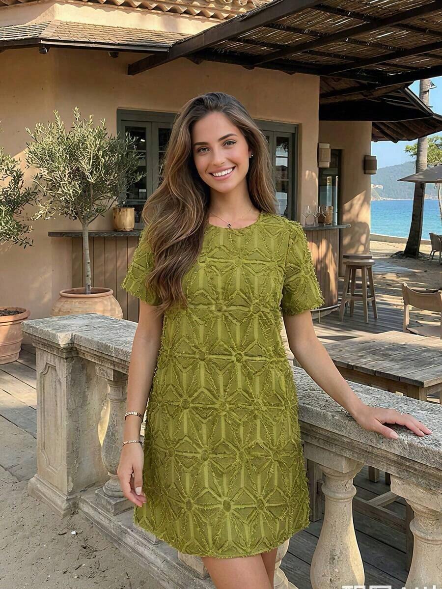 [Beso de ángel] Vestido midi elegante francés para mujer 2026 Verano, nuevo vestido corto de estilo vacacional de cuello redondo con bordado 3D gracioso de alta gama en blanco - Verde Oliva - Ver 1