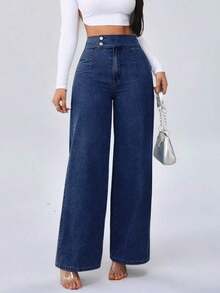 Tall Pantalones vaqueros para mujer de cintura alta, estilo casual, pierna ancha y recta, color azul, para mujeres de estatura alta - Azul lavado oscuro - Ver 10