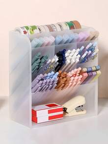 1pc Slanted Pen Holder Desk Organizer Box, Multi-Compartment Large Capacity Stationery & Cosmetic Storage - Multicolor - View 1