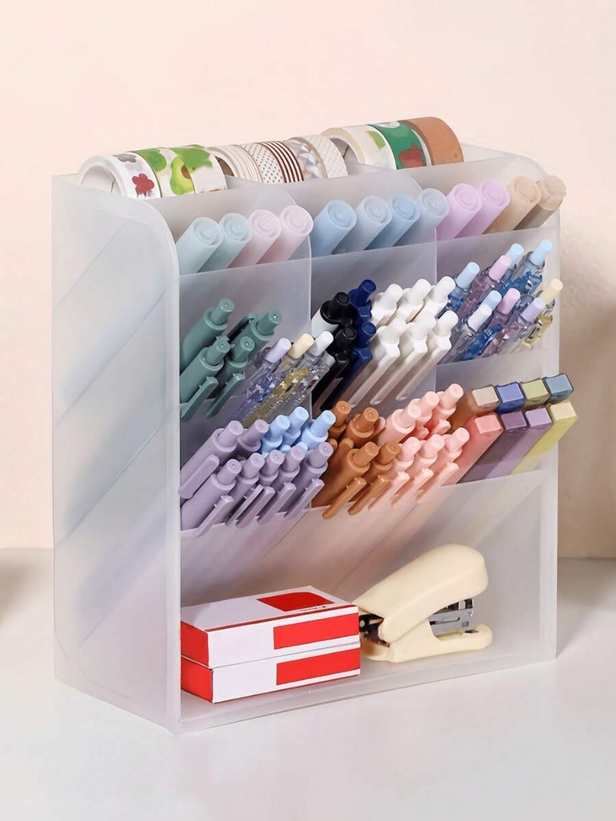 1pc Slanted Pen Holder Desk Organizer Box, Multi-Compartment Large Capacity Stationery & Cosmetic Storage - Multicolor - View 1