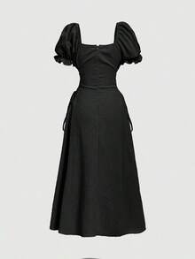 Vestido amarillo de longitud media con mangas de pétalos y cintura con lazo - Negro - Ver 5