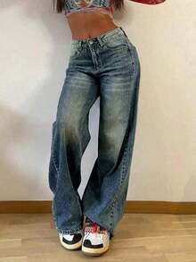 Jeans rectos holgados y apilados de estilo vintage para mujer, casuales para primavera - Azul marino 2 - Ver 3