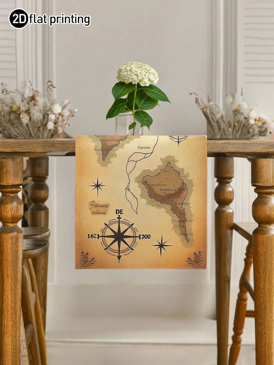 1pc Compass Island Table Runner, Theme Decoration, Multiple Sizes, Machine Washable, Polyester Fiber Rectangular Tablecloth For Home Decor - Multicolor - View 1
