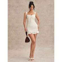 Vestido de tirantes corto para mujer con estampado de ondas y lazo al cuello estilo veraniego elegante y sexy moda  verano - Albaricoque - Ver 5