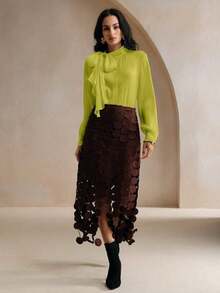 Blusa elegante y chic de cuello alto, manga larga y puños con lazo para uso diario - Mostaza Amarilla - Ver 3