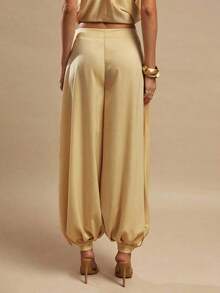 Women's Satin Palazzo Pants, Elegant Loose-Fitting Ginger Yellow Trousers, Suitable For Going Out, Brunch, Summer, Weddings, Honeymoon, Beach Vacation - 黃色 - 查看 3