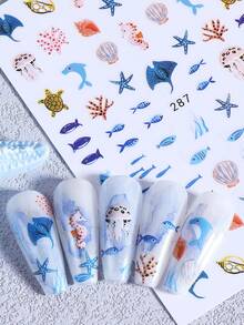 3D Cartoon Summer Nail Stickers 4pcs Cute Fish Jellyfish Sea Turtle Dolphin Seashell Tropical Hibiscus Flower Ocean Animal Design DIY Kawaii Self-Adhesive Gel Polish Decal Slider Nail Art Decoration Nail Supplies - Multicolor - View 10