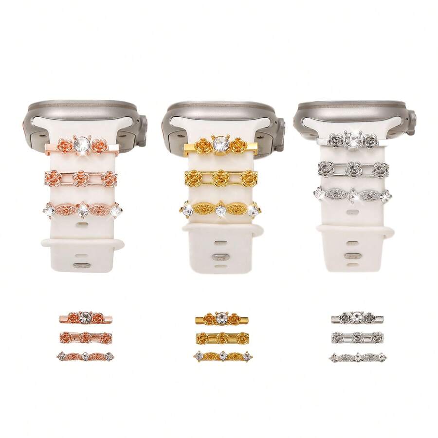 3pcs Zinc Alloy Rhinestone Decorated Bands, Suitable For Apple Watch Bands, Easy To Transform Smart Watch, Create Delicate Daily And Date Outfits, Full Of Girly Charm (Watch Band Not Included) - Mouldless - View 1