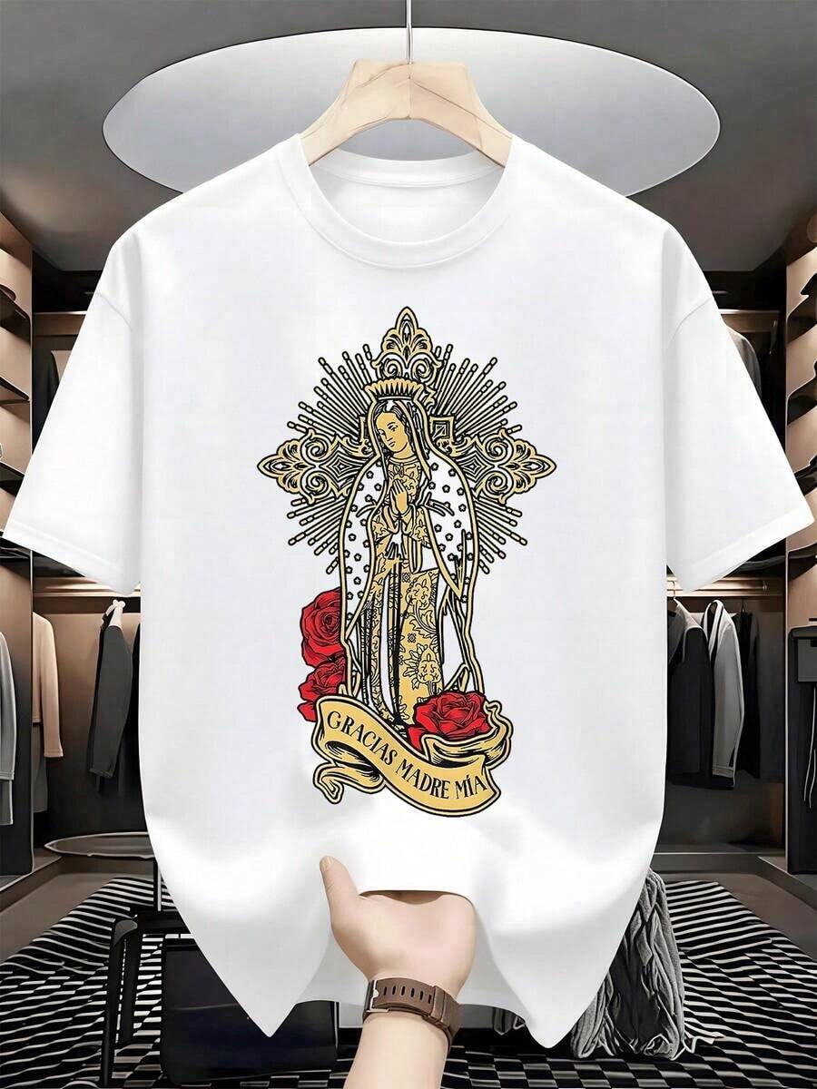 Virgin Of Guadalupe Surrounded By A Golden Glow With Intricate Details And Red Roses Symbolizing Love And Gratitude. T-Shirt, 100% Cotton, 220g - 白色的 - 查看 1