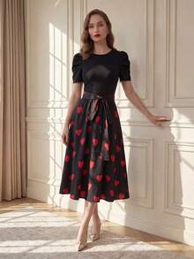 Vestido de verano de longitud media con estampado floral elegante y patchwork para mujer - Rojo y negro - Ver 4
