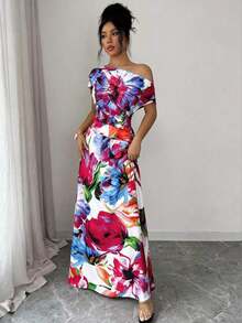 Vestido largo asimétrico con volantes en los hombros y la cintura, estampado floral, elegante y minimalista, adecuado para ir al trabajo, Año Nuevo, ropa de calle, estilo romántico francés, casual, retro de Oriente Medio, té de la tarde, fiesta, Acción de Gracias, vuelta al colegio, primavera/verano - Morado - Ver 3