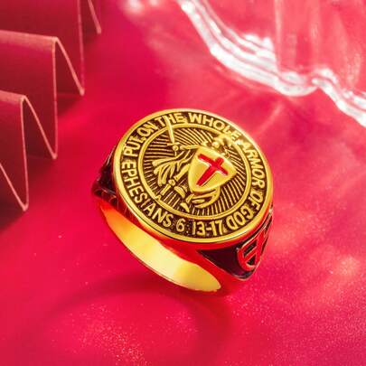 Vintage European And American Cross Shield Ring, Red Cross Signet Ring