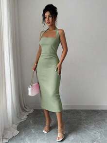 Elegant Mid-Length Women's Dress, Suitable For Vacations, Daily Gatherings, Parties And Cocktail Events, Summer Pink - 淡綠色 - 查看 3