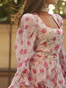 Vestido largo primavera 2026, holgado plisado con estampado, estilo casual elegante - Rosa - Ver 2