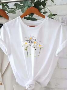 Camiseta manga corta cuello redondo 100% algodón, estampado trendy, tejido ligero y ventilado, estilo moda casual, apta para vida diaria, salidas informales y citas en primavera, verano y otoño - Negro - Ver 6