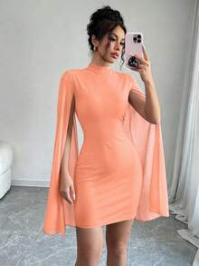 Vestido de capa ajustada con cuello mao de unicolor - Naranja - Ver 7