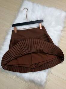 Pleated Skirt Shorts, Tailored For Summer. - 咖啡棕 - 查看 3