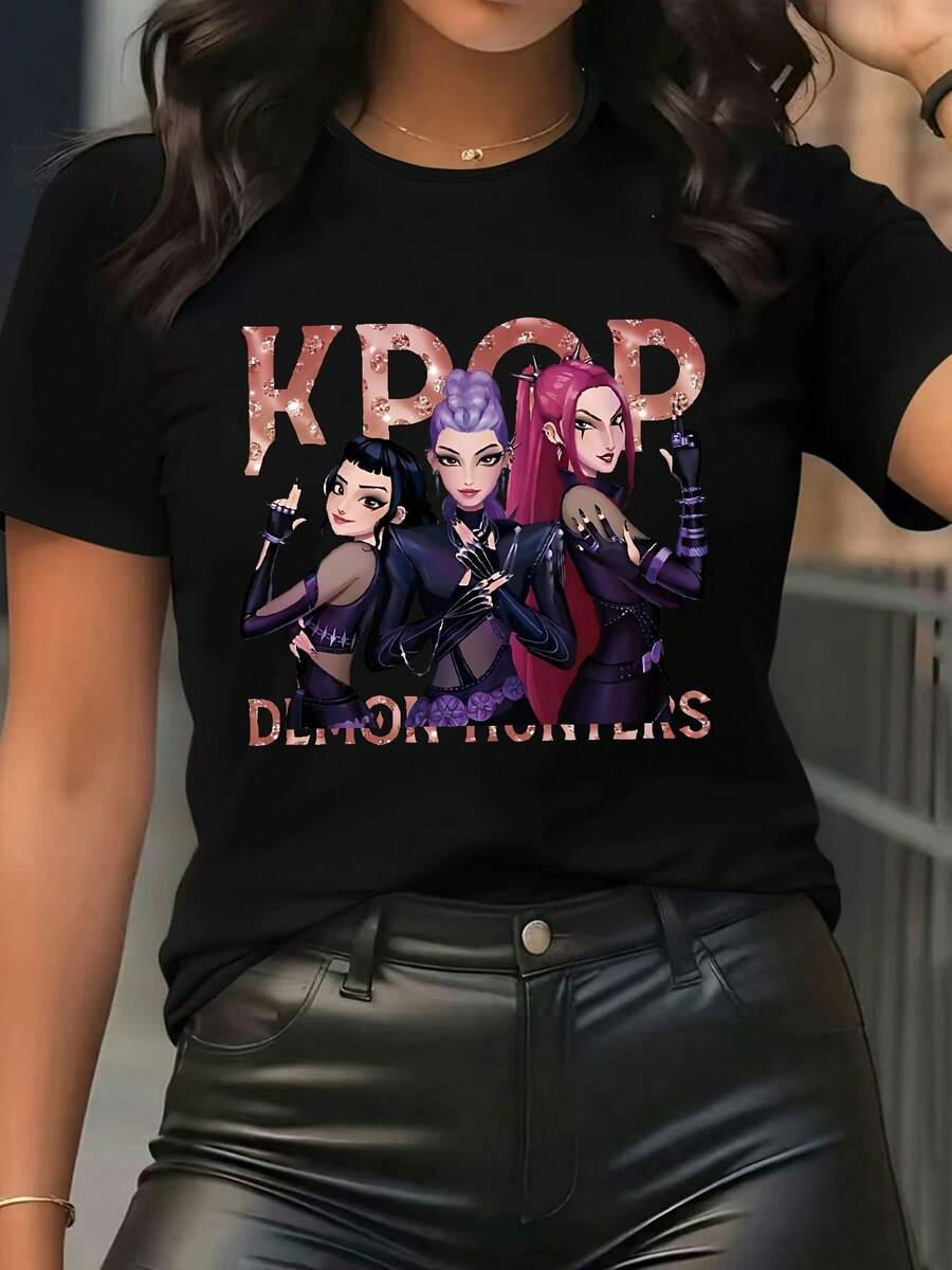 Camiseta para mujer inspirada en K-Pop - Estampada con letras coreanas, merchandise para fans de K-Drama, manga corta manga manga y cuello redondo, top casual de verano para looks informales, K-Outfits - Negro - Ver 1